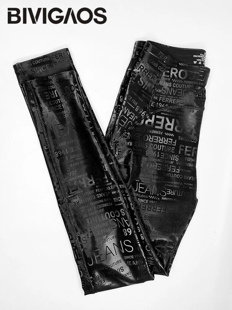Letter Graffiti Leather Leggings for Women - Gothic Style Pencil Pants