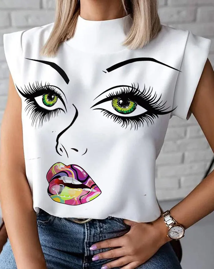 Lip Print Slim Fit Blouse