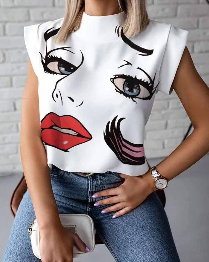 Lip Print Slim Fit Blouse