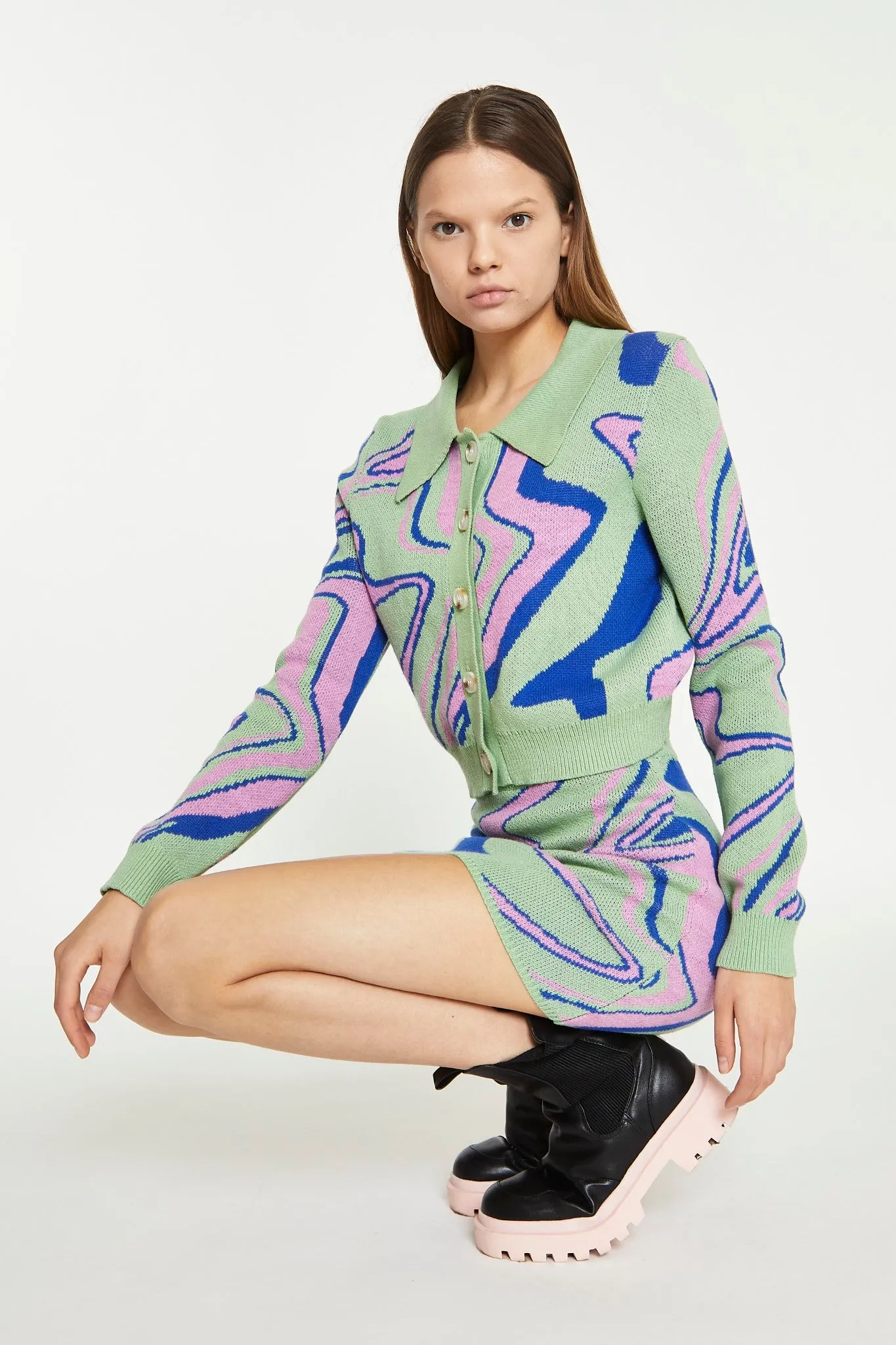 Marble Intarsia Cropped Cardigan