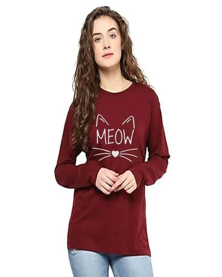 Maroon Meow Printed T-Shirt For Her