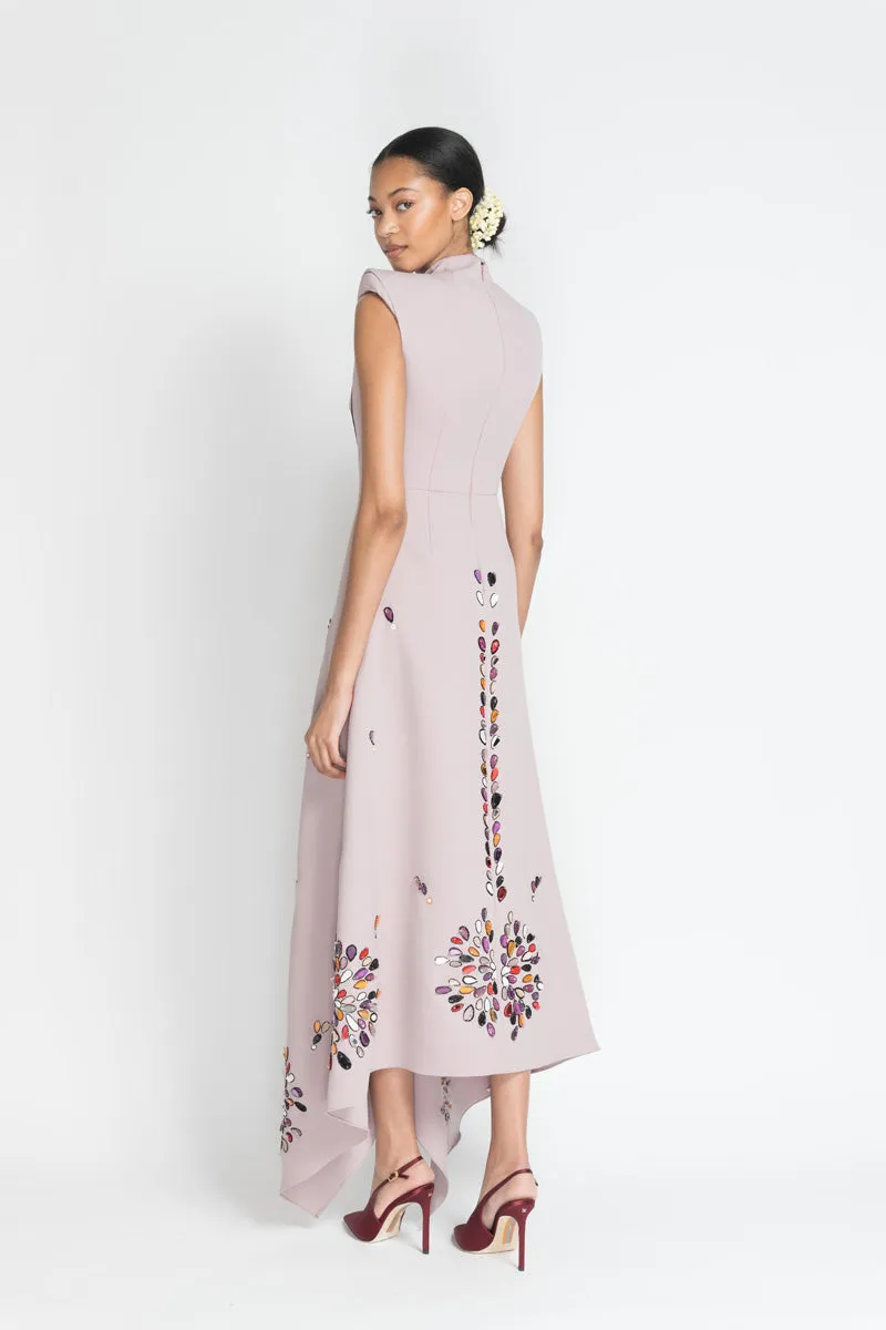 Mauve Cady Anarkali Sleeveless Dress with Sashi Fire Embroidery