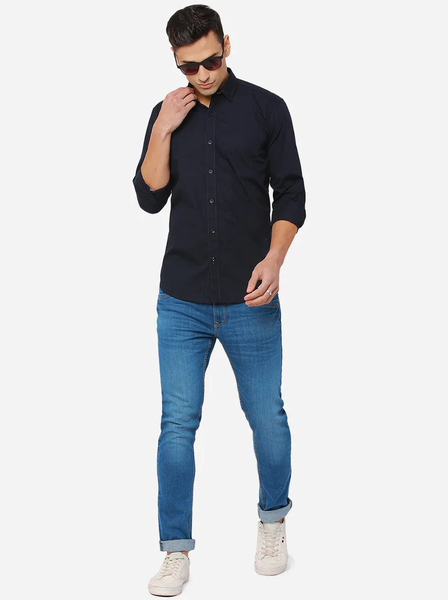 Navy Blue Solid Slim Fit Casual Shirt | Greenfibre