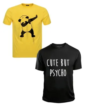 Pack Of 2 - Yellow Panda Dap and Black Cute But Psycho Cotton Printed T-Shirt