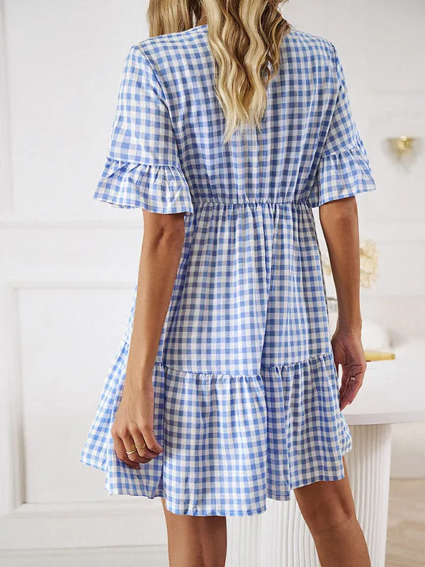 Plaid Mini Dress with V-Neck and Ruffled Sleeves