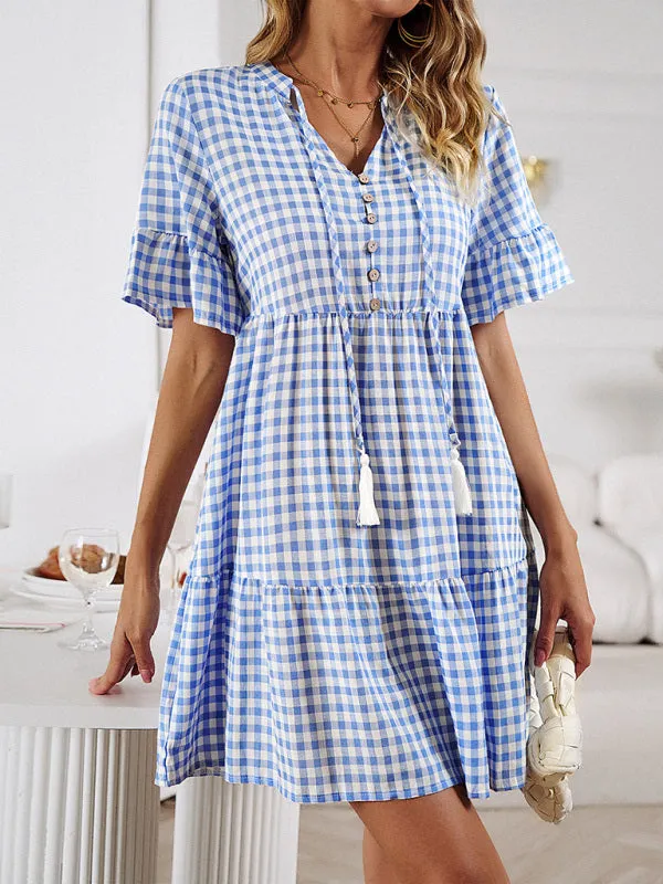Plaid Mini Dress with V-Neck and Ruffled Sleeves