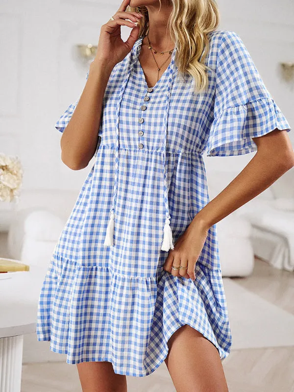 Plaid Mini Dress with V-Neck and Ruffled Sleeves