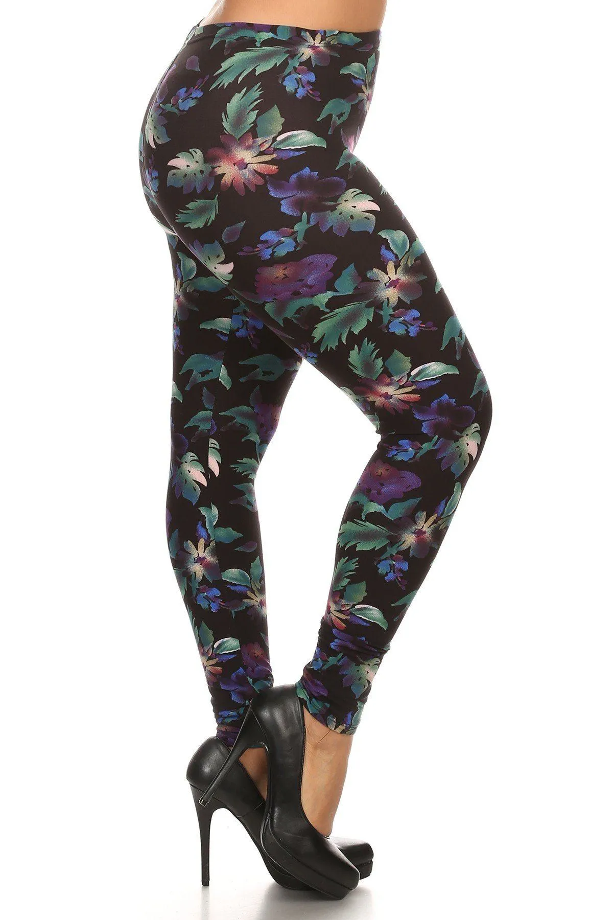 Plus Size Print, Full Length Leggings In A Slim Fitting Style With A Banded High Waist.