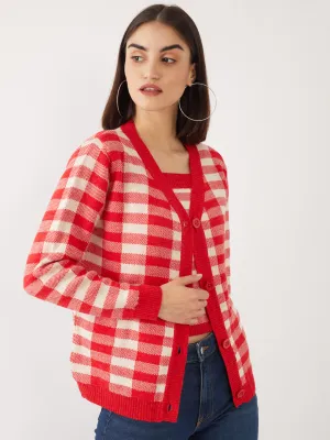 Red Checked Cropped Cardigan