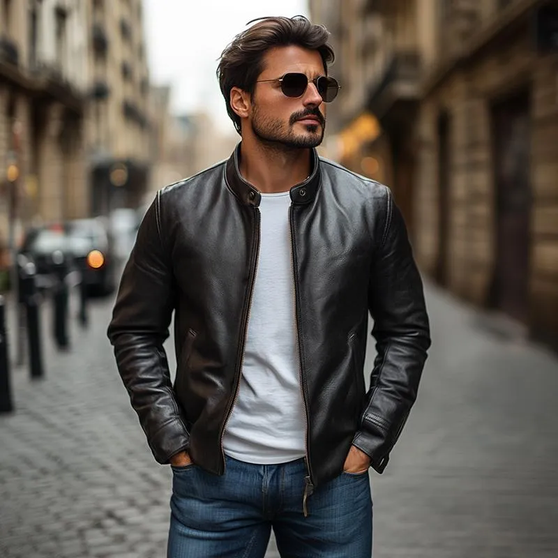 Rowan - Men's Stand Collar Slim Zipper Leather Jacket