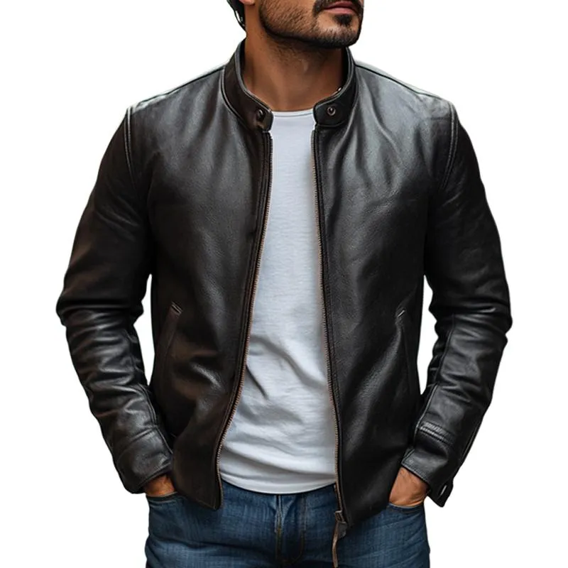 Rowan - Men's Stand Collar Slim Zipper Leather Jacket
