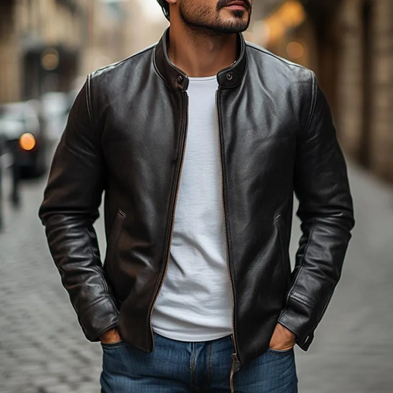 Rowan - Men's Stand Collar Slim Zipper Leather Jacket