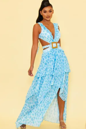 SHARIE TIERED PRINT RUFFLE CHIFON MAXI DRESS