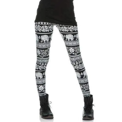Slimming Elephant Print Skinny Women's Thick Leggings - Black S