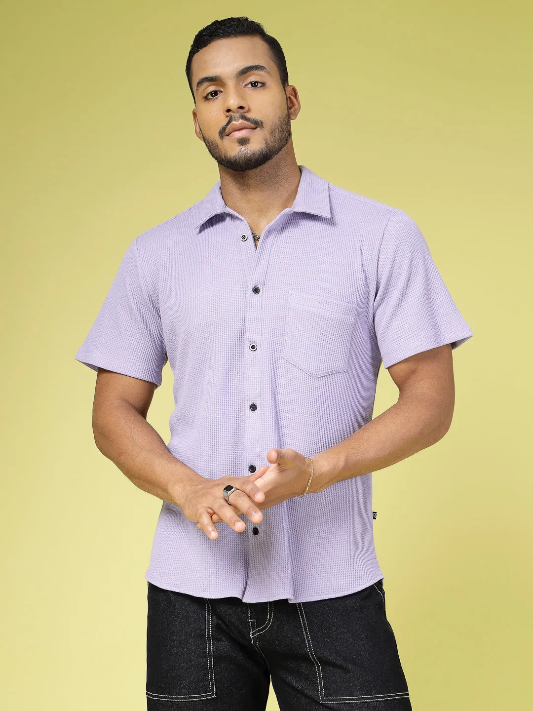 Solid Waffle Knit Cuban Collar Shirt