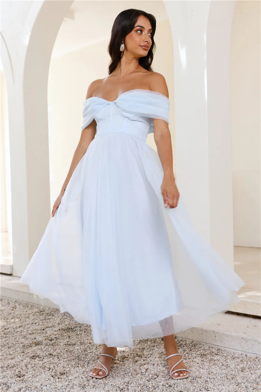 Something New Off Shoulder Tulle Midi Dress Blue