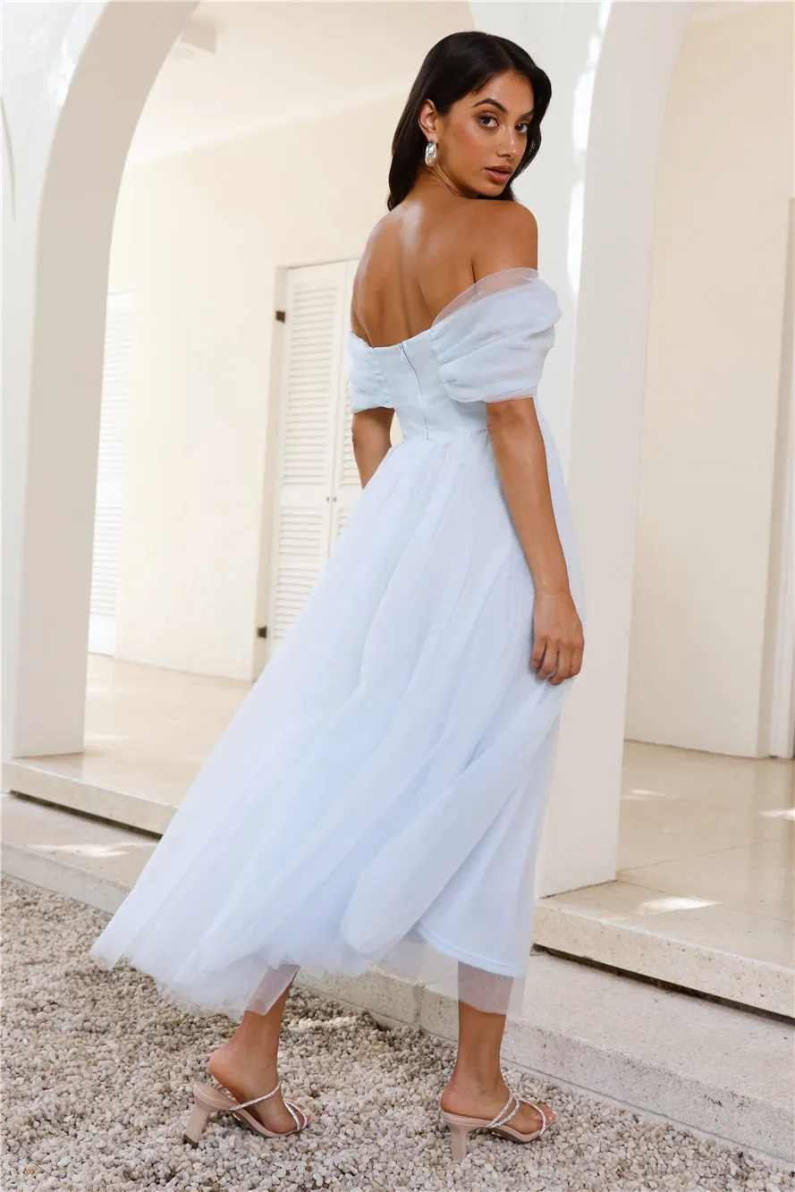 Something New Off Shoulder Tulle Midi Dress Blue