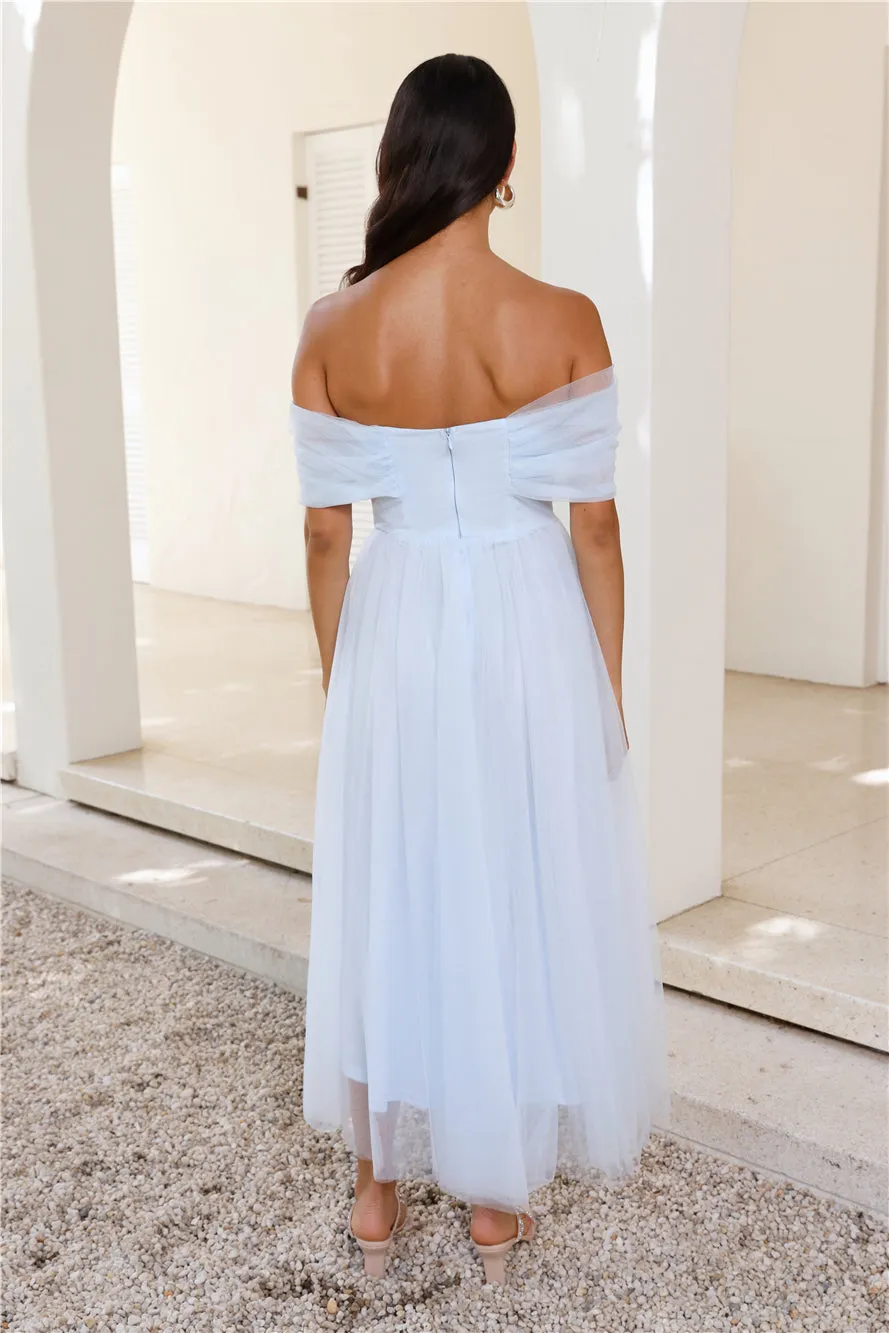 Something New Off Shoulder Tulle Midi Dress Blue