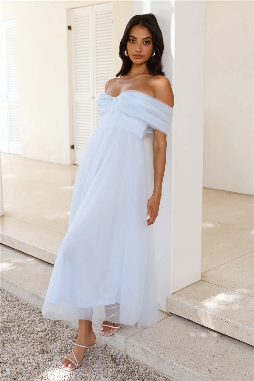Something New Off Shoulder Tulle Midi Dress Blue
