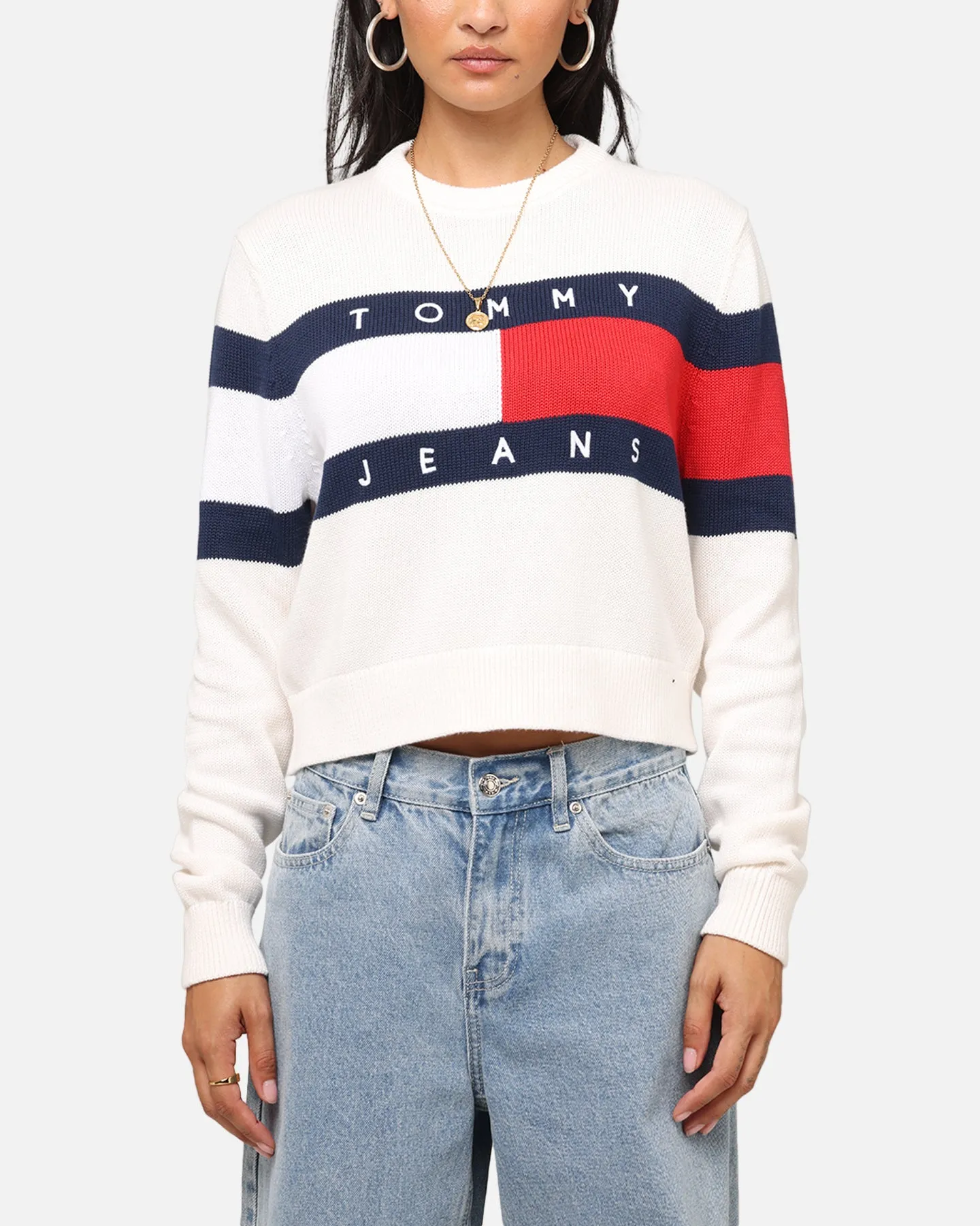 Tommy Jeans Women's Center Flag Sweater Ancient White