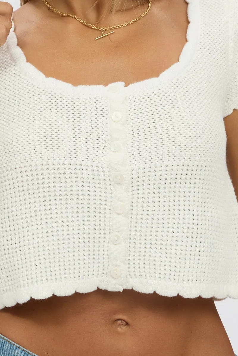 White Crochet Knit Cardigan Short Sleeve